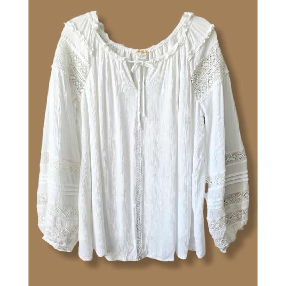 Women Sweet Magnolia White Lace Pleated Blouse Top XL Boho Chic Peasant Coastal